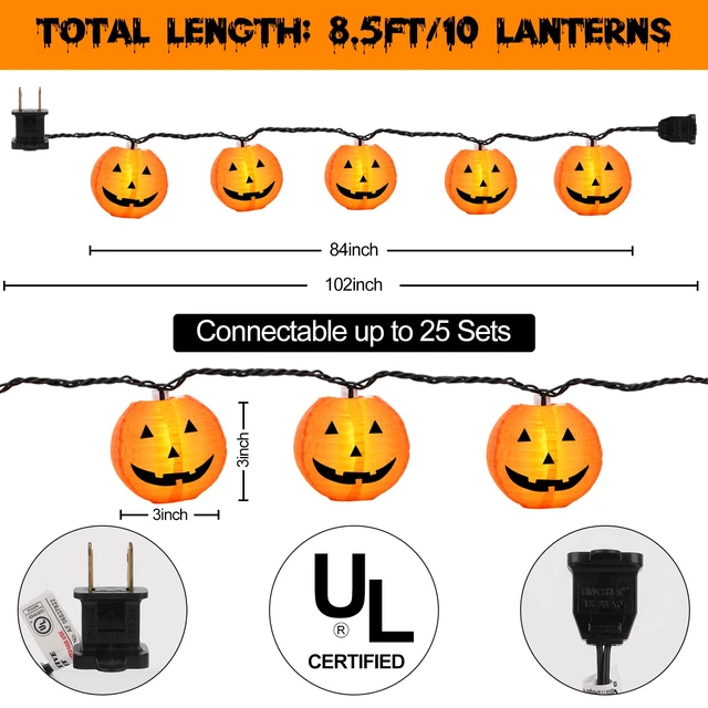 Alt view image 2 of 7 - Halloween Decorations Light Halloween Pumpkin Lantern String Lights, 10 Pack Jack O Lanterns Pumpkins Lights Plug in, 8.5FT Mini Pumpkin Light Connectable Indoor/Outdoor Halloweens Decorations