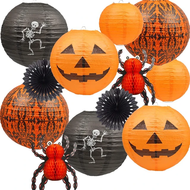 Main image of 12Pcs Halloween Hanging Decorations Paper Lanterns, Jack-O'-Lantern Spider Skeleton Pumpkin for Indoor & Outdoor Spooky Home Decor, Party Supplies Props, 12" & 8" (Orange, Black)