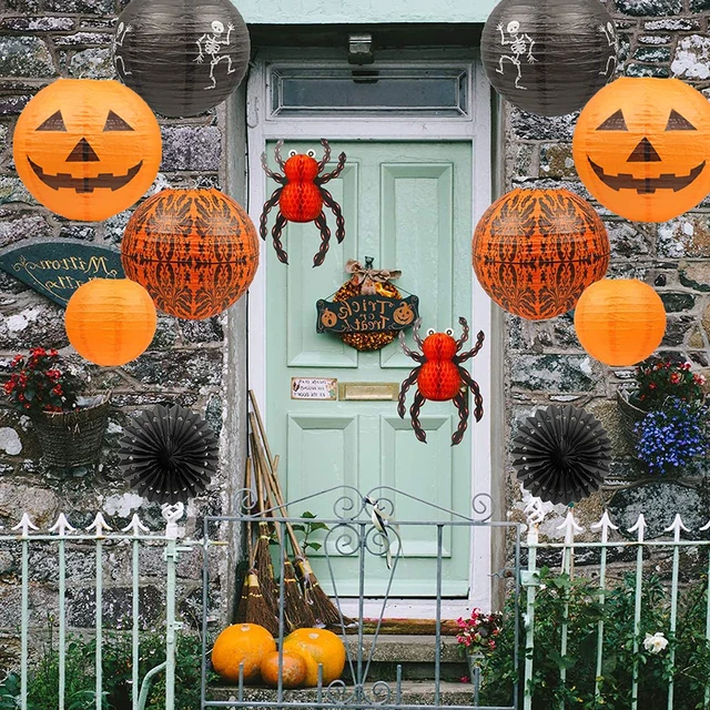 Alt view image 2 of 7 - 12Pcs Halloween Hanging Decorations Paper Lanterns, Jack-O'-Lantern Spider Skeleton Pumpkin for Indoor & Outdoor Spooky Home Decor, Party Supplies Props, 12" & 8" (Orange, Black)