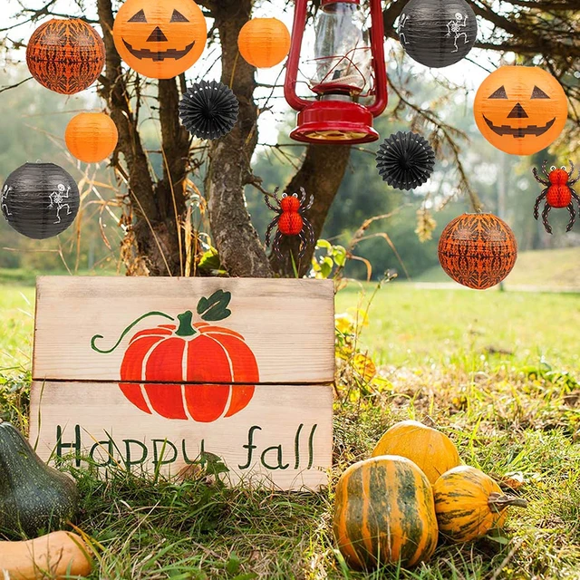 Alt view image 3 of 7 - 12Pcs Halloween Hanging Decorations Paper Lanterns, Jack-O'-Lantern Spider Skeleton Pumpkin for Indoor & Outdoor Spooky Home Decor, Party Supplies Props, 12" & 8" (Orange, Black)
