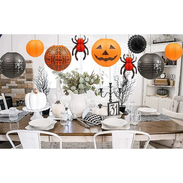 Alt view image 4 of 7 - 12Pcs Halloween Hanging Decorations Paper Lanterns, Jack-O'-Lantern Spider Skeleton Pumpkin for Indoor & Outdoor Spooky Home Decor, Party Supplies Props, 12" & 8" (Orange, Black)