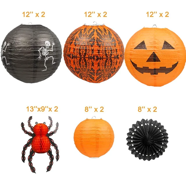 Alt view image 5 of 7 - 12Pcs Halloween Hanging Decorations Paper Lanterns, Jack-O'-Lantern Spider Skeleton Pumpkin for Indoor & Outdoor Spooky Home Decor, Party Supplies Props, 12" & 8" (Orange, Black)