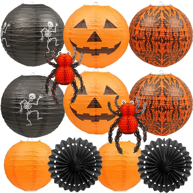Alt view image 6 of 7 - 12Pcs Halloween Hanging Decorations Paper Lanterns, Jack-O'-Lantern Spider Skeleton Pumpkin for Indoor & Outdoor Spooky Home Decor, Party Supplies Props, 12" & 8" (Orange, Black)