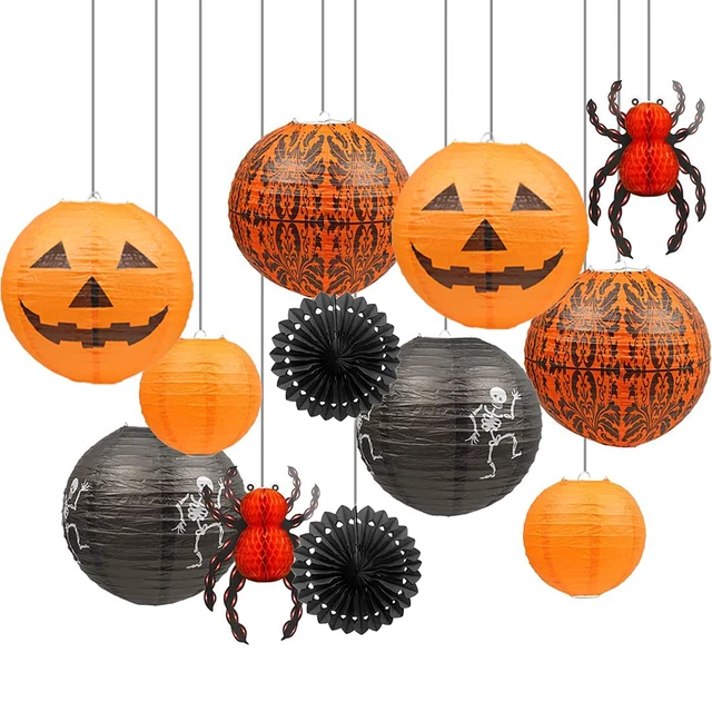 Alt view image 7 of 7 - 12Pcs Halloween Hanging Decorations Paper Lanterns, Jack-O'-Lantern Spider Skeleton Pumpkin for Indoor & Outdoor Spooky Home Decor, Party Supplies Props, 12" & 8" (Orange, Black)