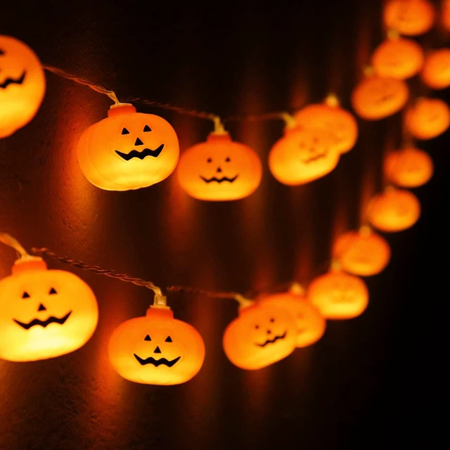 Main image of Halloween Decorations Pumpkin String Lights Battery Operated | 10 ft 20 LED, 3D Cute Waterproof Orange Jack-O-Lantern, Steady/Flickering, Twinkle Light for Indoor Outdoor Porch Party Decor