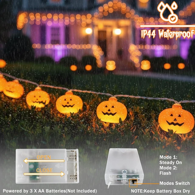 Alt view image 4 of 7 - Halloween Decorations Pumpkin String Lights Battery Operated | 10 ft 20 LED, 3D Cute Waterproof Orange Jack-O-Lantern, Steady/Flickering, Twinkle Light for Indoor Outdoor Porch Party Decor