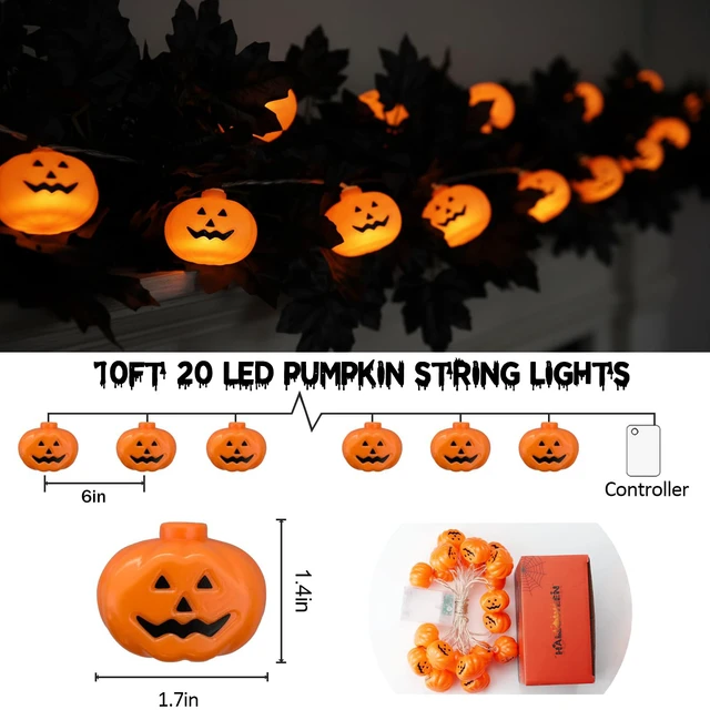 Alt view image 5 of 7 - Halloween Decorations Pumpkin String Lights Battery Operated | 10 ft 20 LED, 3D Cute Waterproof Orange Jack-O-Lantern, Steady/Flickering, Twinkle Light for Indoor Outdoor Porch Party Decor