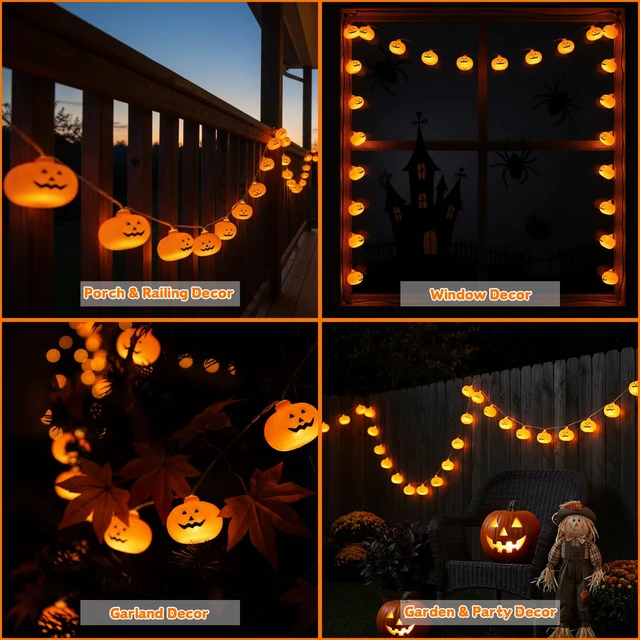 Alt view image 7 of 7 - Halloween Decorations Pumpkin String Lights Battery Operated | 10 ft 20 LED, 3D Cute Waterproof Orange Jack-O-Lantern, Steady/Flickering, Twinkle Light for Indoor Outdoor Porch Party Decor