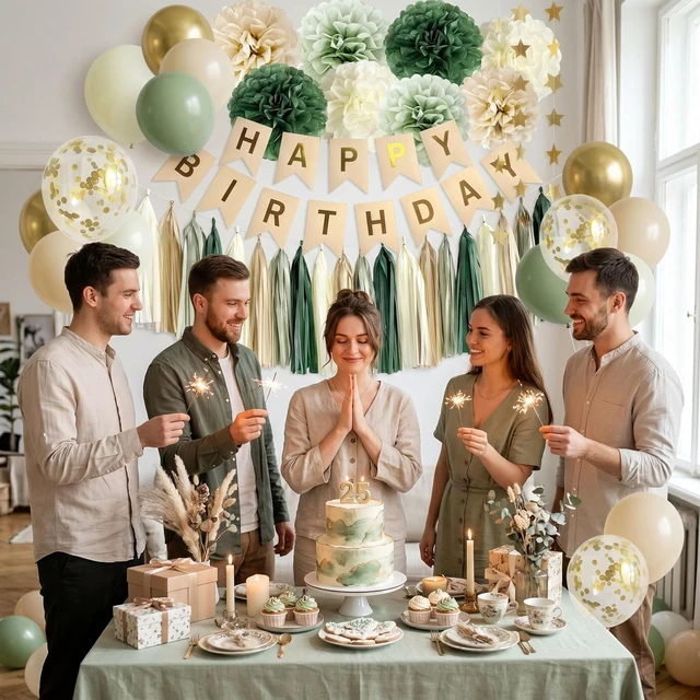 Alt view image 2 of 7 - Sage Green Happy Birthday Party Decorations Retro Green Nude Ivory Dark Olive Kraft Paper Banner Balloons Neutral Rustic Boho Blush Safari Botanical Greenery Wild Décor Supplies Women Adults