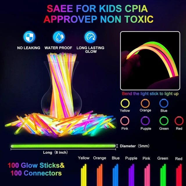 Alt view image 5 of 7 - 100 Pack Glow Sticks Party Favors Bulk, 8" Glow in the Dark Party Supplies, Party Favors for Kids 8-12, Neon Glow Stick Bracelets & Necklaces for Raves, Halloween, Christmas, Birthdays
