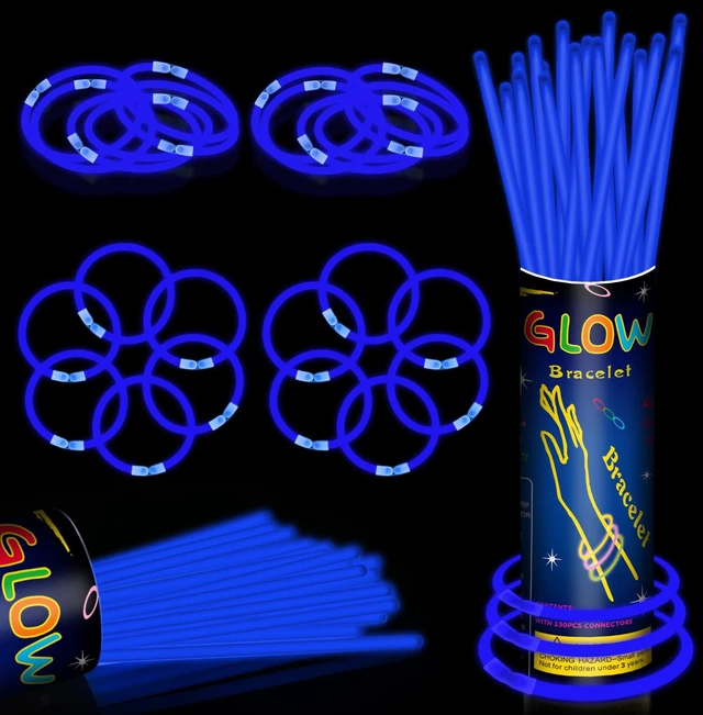 Main image of 100 Pack 8" Blue Glow Sticks Bulk - Glow Necklaces & Bracelets with Connectors, Bright Neon Glow in The Dark Party Favors Supplies for Halloween Birthday 4th of July New Year Wedding Carnival