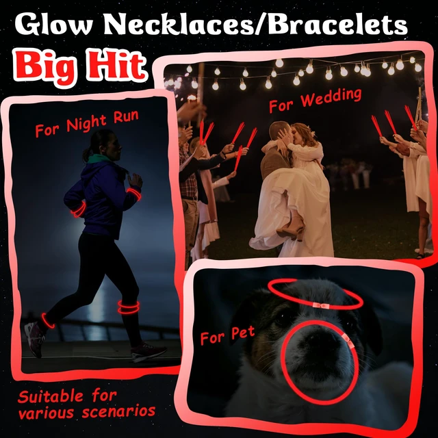 Alt view image 7 of 7 - 100 Pack 8" Red Glow Sticks Bulk - Glow Necklaces & Bracelets with Connectors, Bright Neon Glow in The Dark Party Favors Supplies for Christmas Halloween Birthday 4th of July New Year Wedding