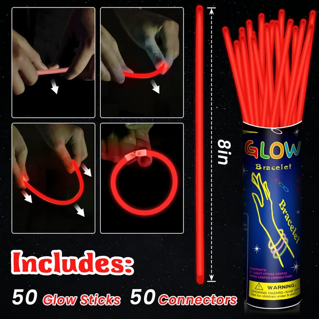 Alt view image 2 of 7 - 50 Pcs 8" Red Glow Sticks, Glow Necklaces and Bracelets Set with Connectors Bright Neon Glow in The Dark Party Favors for Birthday Christmas New Year Halloween 4th of July Wedding Carnival
