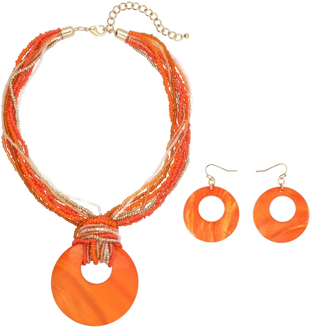 Main image of Multi Strand Statement Colorful Beaded Necklace Earrings Set with Big Circle Shell Pendant for Women (N0055-Orange)