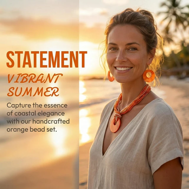 Alt view image 3 of 7 - Multi Strand Statement Colorful Beaded Necklace Earrings Set with Big Circle Shell Pendant for Women (N0055-Orange)