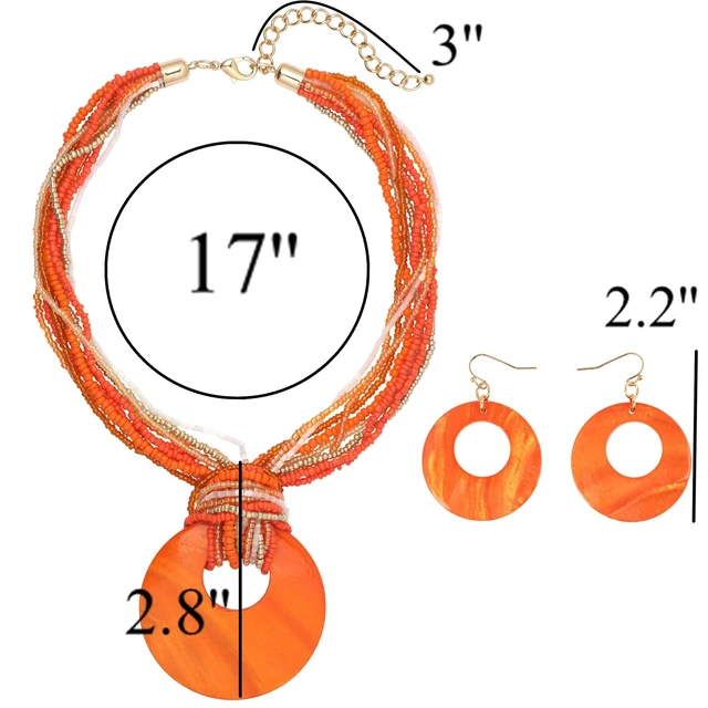 Alt view image 4 of 7 - Multi Strand Statement Colorful Beaded Necklace Earrings Set with Big Circle Shell Pendant for Women (N0055-Orange)