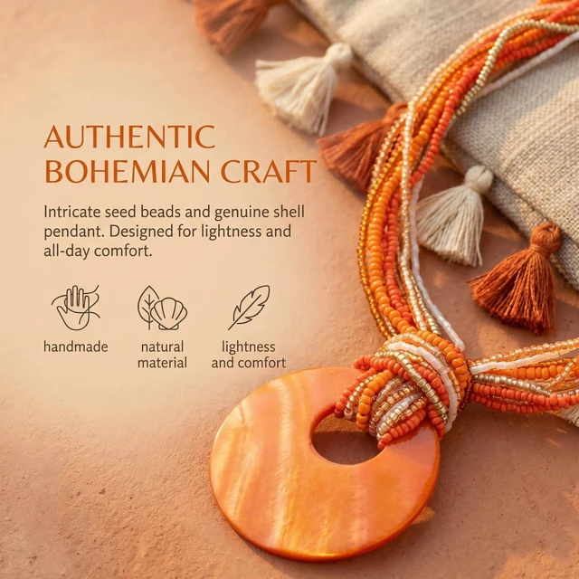 Alt view image 6 of 7 - Multi Strand Statement Colorful Beaded Necklace Earrings Set with Big Circle Shell Pendant for Women (N0055-Orange)