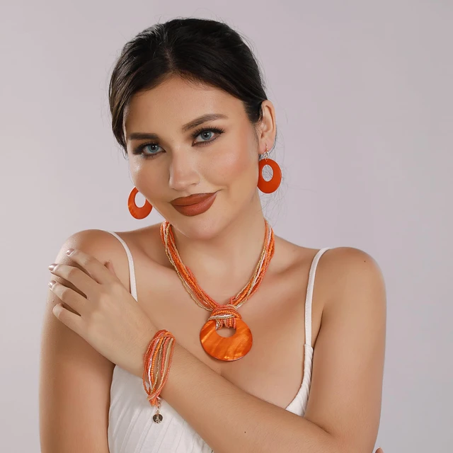 Alt view image 5 of 7 - Multi Strand Statement Colorful Beaded Necklace Earrings Set with Big Circle Shell Pendant for Women (N0055-Orange)