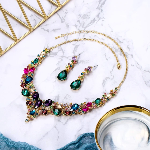 Alt view image 3 of 5 - Women's Wedding Statement Necklace Dangle Earring Jewelry | Austrian Crystal Teardrop Cluster,Necklaces Earrings Set for Bride Bridesmaid,Prom Accessories