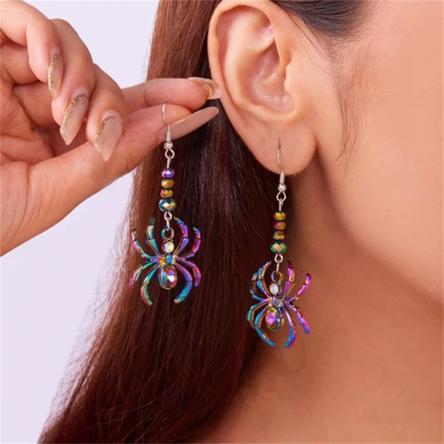 Alt view image 2 of 5 - Gothic Spider Earrings for Women Vintage Colorful Punk Red Rhinestone Halloween Spider Dangle Drop Earrings Goth Funny Halloween Costumes Jewelry (Colorful Oval Spider)