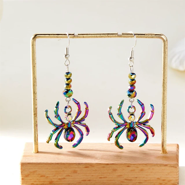 Alt view image 5 of 5 - Gothic Spider Earrings for Women Vintage Colorful Punk Red Rhinestone Halloween Spider Dangle Drop Earrings Goth Funny Halloween Costumes Jewelry (Colorful Oval Spider)