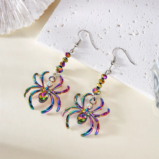 Alt view image 4 of 5 - Gothic Spider Earrings for Women Vintage Colorful Punk Red Rhinestone Halloween Spider Dangle Drop Earrings Goth Funny Halloween Costumes Jewelry (Colorful Oval Spider)