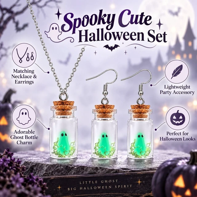 Alt view image 2 of 7 - Ghost in a Bottle Necklace and Earrings Set Glow in the Dark Halloween Ghost Charm Jewelry Silver Tone Spooky Pendant Necklace with Matching Drop Earrings for Costume Party Gift