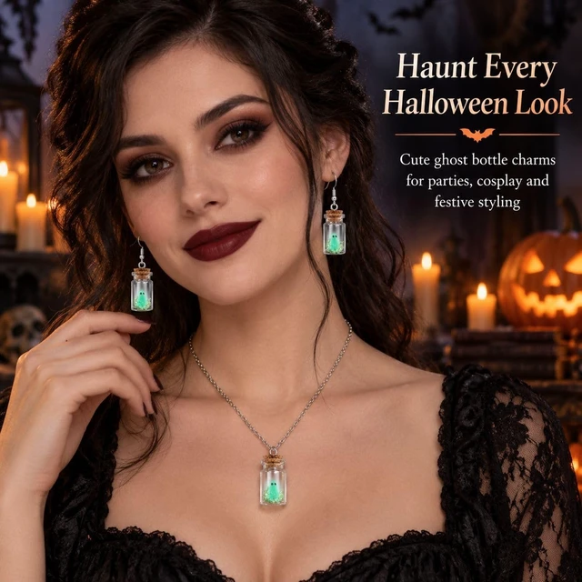 Alt view image 3 of 7 - Ghost in a Bottle Necklace and Earrings Set Glow in the Dark Halloween Ghost Charm Jewelry Silver Tone Spooky Pendant Necklace with Matching Drop Earrings for Costume Party Gift