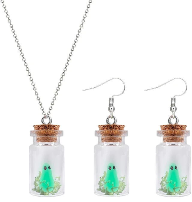 Main image of Ghost in a Bottle Necklace and Earrings Set Glow in the Dark Halloween Ghost Charm Jewelry Silver Tone Spooky Pendant Necklace with Matching Drop Earrings for Costume Party Gift