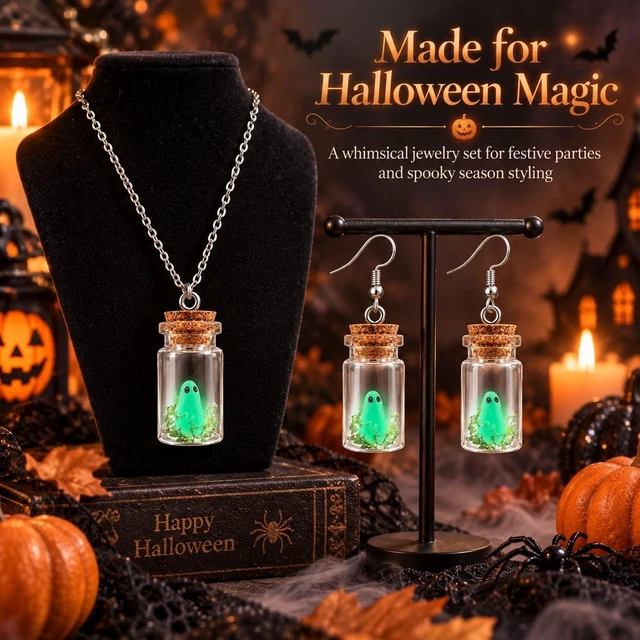 Alt view image 5 of 7 - Ghost in a Bottle Necklace and Earrings Set Glow in the Dark Halloween Ghost Charm Jewelry Silver Tone Spooky Pendant Necklace with Matching Drop Earrings for Costume Party Gift