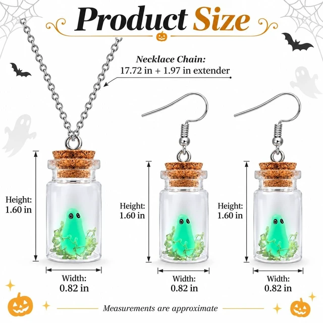 Alt view image 6 of 7 - Ghost in a Bottle Necklace and Earrings Set Glow in the Dark Halloween Ghost Charm Jewelry Silver Tone Spooky Pendant Necklace with Matching Drop Earrings for Costume Party Gift
