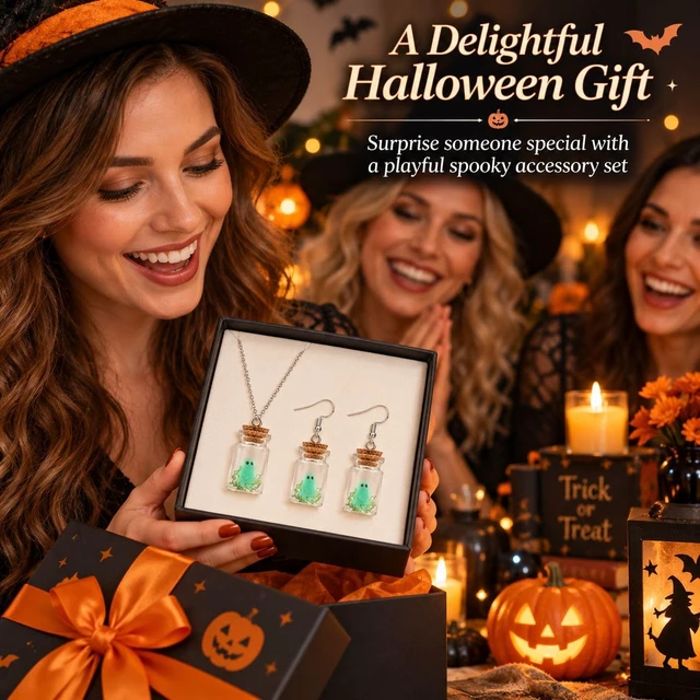 Alt view image 7 of 7 - Ghost in a Bottle Necklace and Earrings Set Glow in the Dark Halloween Ghost Charm Jewelry Silver Tone Spooky Pendant Necklace with Matching Drop Earrings for Costume Party Gift