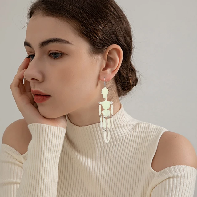 Alt view image 2 of 7 - Goth Halloween Skeleton Skull Earrings Spooky Skull Skeleton Long Tassel Dangle for Women Costume Dress Up Ghost Earrings Statement (Fluorescence)