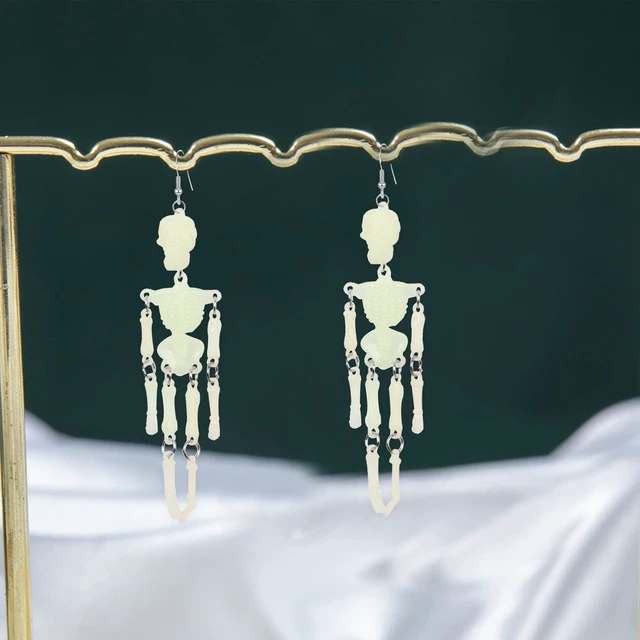 Alt view image 6 of 7 - Goth Halloween Skeleton Skull Earrings Spooky Skull Skeleton Long Tassel Dangle for Women Costume Dress Up Ghost Earrings Statement (Fluorescence)