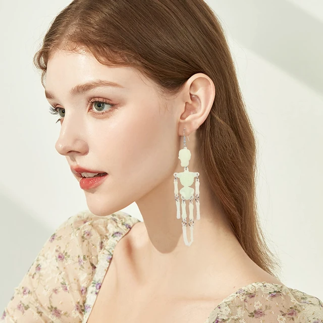 Alt view image 7 of 7 - Goth Halloween Skeleton Skull Earrings Spooky Skull Skeleton Long Tassel Dangle for Women Costume Dress Up Ghost Earrings Statement (Fluorescence)