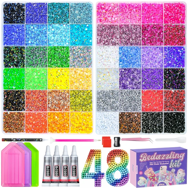 Main image of 70000Pcs 48 Colors Bedazzling Kit 2 Boxes with Rhinestones, 3mm Resin Flatback Rhinestones with 4 Pcs B7000 Jewelry Glue & Tools, Diamond Art All-in-One Bedazzling Kit for DIY Arts & Crafts Gifts