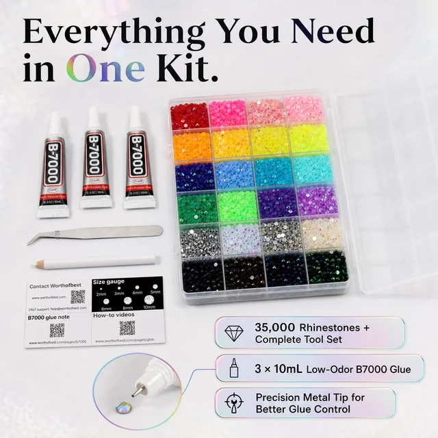 Alt view image 4 of 5 - Bedazzling Kit 35000Pcs 3mm Rhinestones Jelly Gems Bedazzle Flatback Resin | SS10 Colorful Rainbow Crystals Bedazzler Flat Back Jewels with 3Pcs B7000 Glue for Books Crafting Clothes Clothing Crafts