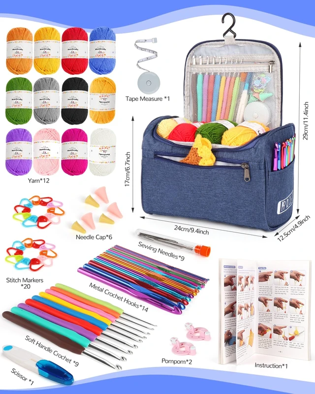 Alt view image 4 of 6 - Crochet Kits for Beginners Adults Kids, Complete Crochet Set, Navy | Crochet Kit for Beginners Young and Old, All-inclusive Kit with Crochet Hooks 655 Yards Yarn Instruction Knit Bag, Ideal Gift