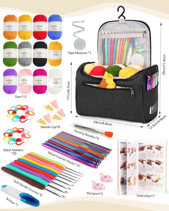 Alt view image 5 of 5 - Crochet Kits for Beginners Adults Kids, Complete Crochet Set, Black | Crochet Kit for Beginners Young and Old, All-inclusive Kit with Crochet Hooks 655 Yards Yarn Instruction Knit Bag, Ideal Gift