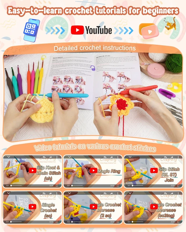 Alt view image 3 of 7 - Crochet Kit for Beginners Adults Kids w/Step-by-Step Instructions | Complete Beginner Crochet Kit with Ergonomic Crochet Hooks Set,Upgrade Yarn and Portable Storage Case-2026 Ideal Gift