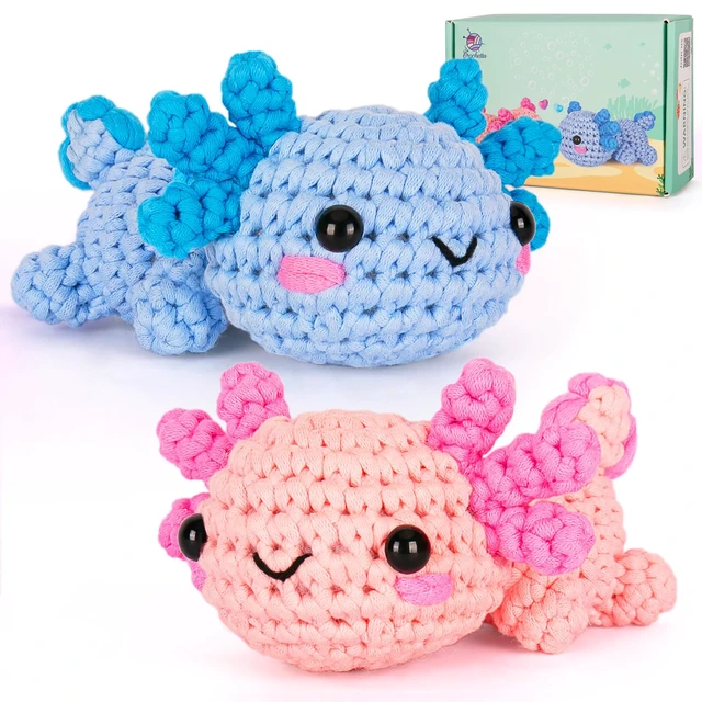 Main image of Crochet Kit for Beginners, Beginner Crochet Starter Kit w Step-by-Step Video Tutorials, Learn to Crochet Kits for Adults Women Men, DIY Knitting Supplies, Axolotls (Blue and Pink)