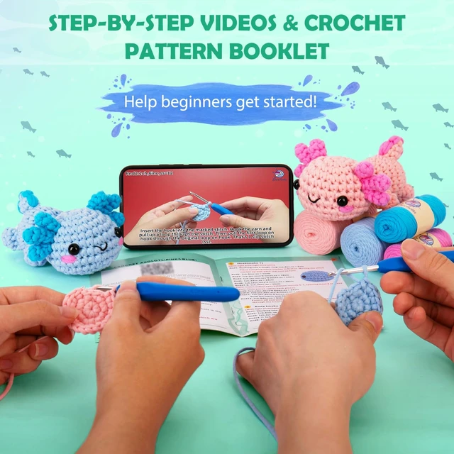 Alt view image 3 of 7 - Crochet Kit for Beginners, Beginner Crochet Starter Kit w Step-by-Step Video Tutorials, Learn to Crochet Kits for Adults Women Men, DIY Knitting Supplies, Axolotls (Blue and Pink)