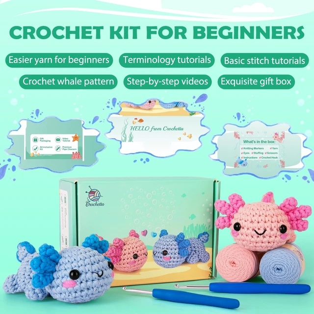 Alt view image 5 of 7 - Crochet Kit for Beginners, Beginner Crochet Starter Kit w Step-by-Step Video Tutorials, Learn to Crochet Kits for Adults Women Men, DIY Knitting Supplies, Axolotls (Blue and Pink)