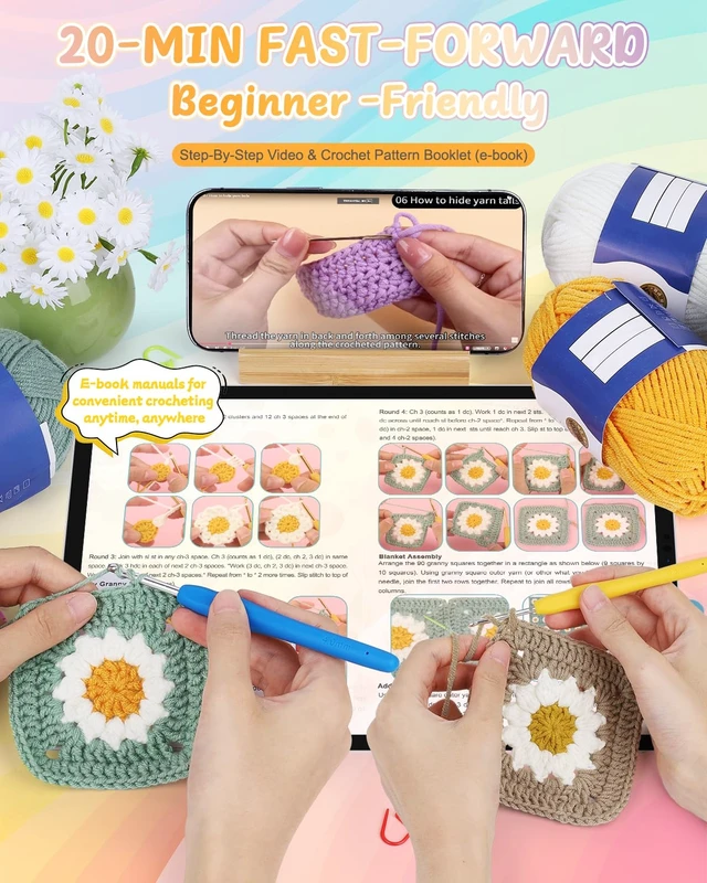 Alt view image 2 of 7 - Crochet Kit for Beginners, Easy Granny Square Crochet Blanket Kit | Crochet Kit w/21 Yarn Skeins, Video Tutorial & Digital Instructions, All Accessories, Complete Knitting & Crochet Starter Kit