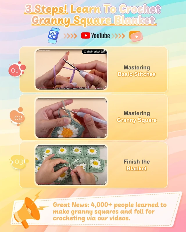 Alt view image 3 of 7 - Crochet Kit for Beginners, Easy Granny Square Crochet Blanket Kit | Crochet Kit w/21 Yarn Skeins, Video Tutorial & Digital Instructions, All Accessories, Complete Knitting & Crochet Starter Kit