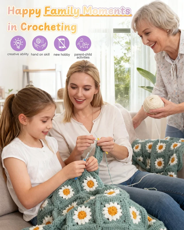 Alt view image 4 of 7 - Crochet Kit for Beginners, Easy Granny Square Crochet Blanket Kit | Crochet Kit w/21 Yarn Skeins, Video Tutorial & Digital Instructions, All Accessories, Complete Knitting & Crochet Starter Kit