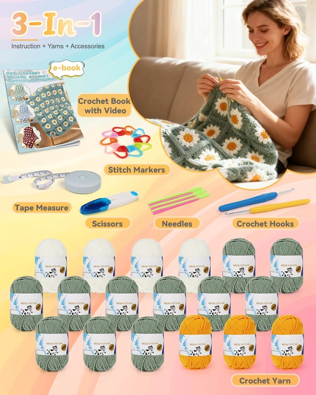 Alt view image 6 of 7 - Crochet Kit for Beginners, Easy Granny Square Crochet Blanket Kit | Crochet Kit w/21 Yarn Skeins, Video Tutorial & Digital Instructions, All Accessories, Complete Knitting & Crochet Starter Kit