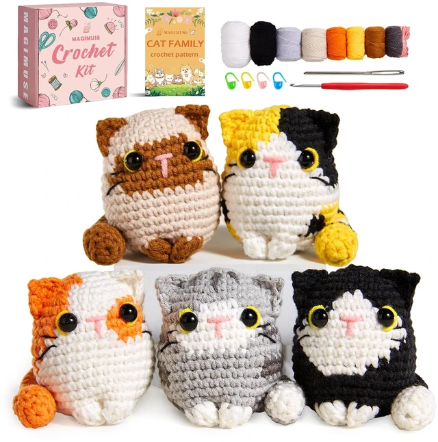 Main image of Crochet Kit for Beginners, 5 Cat Crochet Amigurumi Craft Kit | Includes Step-by-Step Video Tutorials, 40% More Yarn and DIY Crochet & Knitting Supplies for Beginner Animal Projects.