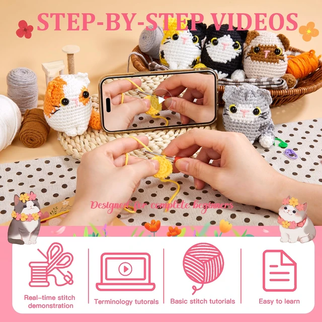 Alt view image 3 of 6 - Crochet Kit for Beginners, 5 Cat Crochet Amigurumi Craft Kit | Includes Step-by-Step Video Tutorials, 40% More Yarn and DIY Crochet & Knitting Supplies for Beginner Animal Projects.