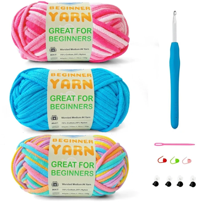Main image of Easy Yarn for Beginner - Crocheting and Knitting Yarn |3 * 1.76oz/60yds; Easy-to-See Stitches; Worsted-Weight Medium #4; Cotton Blend; Amigurumi Crochet Kit(Petal+Blue+Merry Pink)